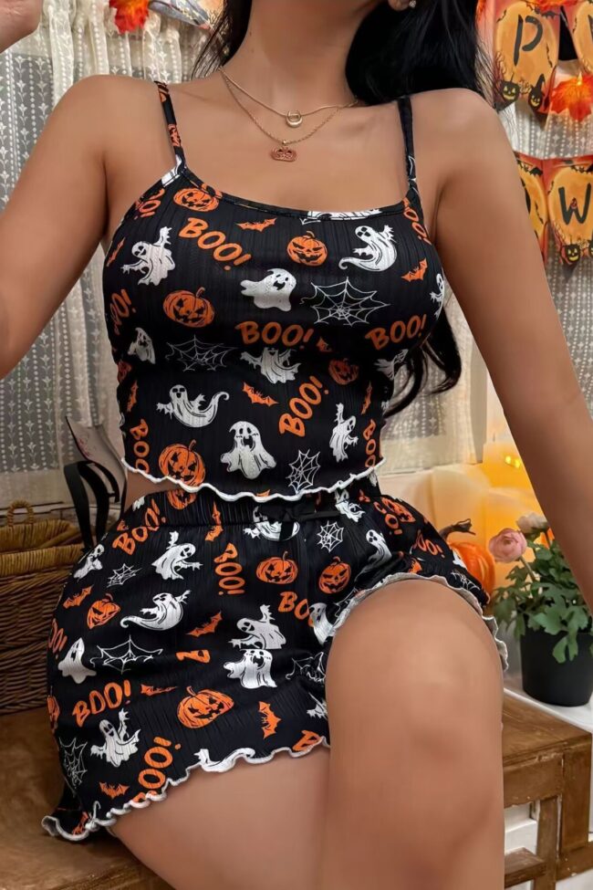 The Jeanne Pumpkin Print Bow Suspender Shorts Homewear Set Detail – La Rose Couture Trousers & Skirts