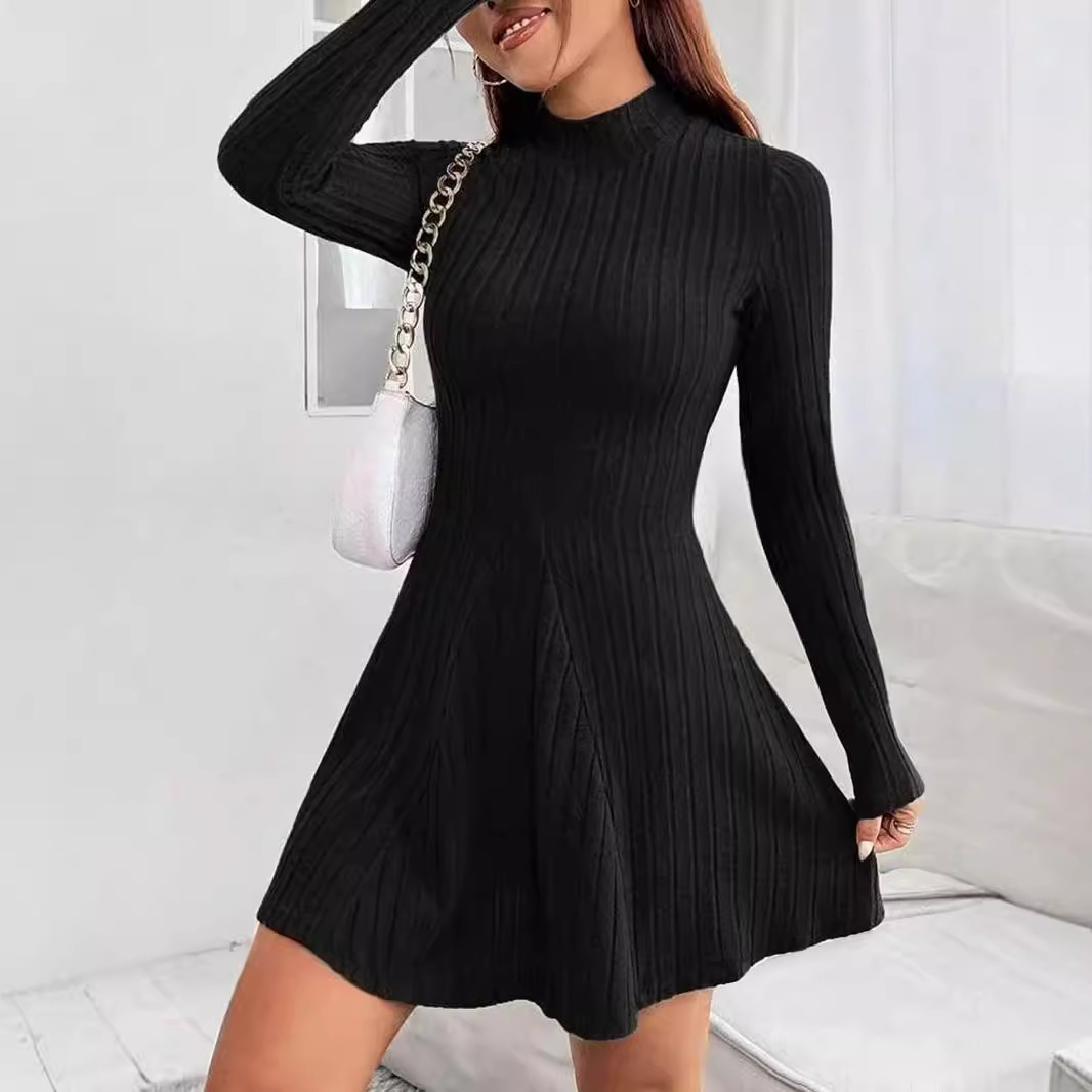 Fitted semi-high neck, waist-cinching long-sleeved dress
