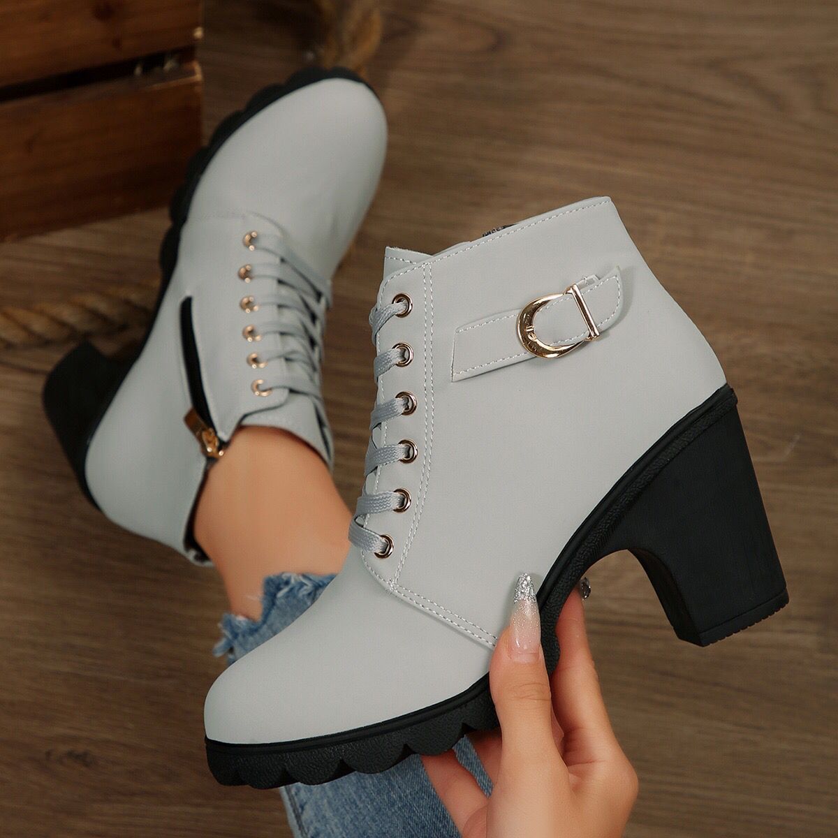 Womens High Heel Ankle Boots with Cross Strap - Image 5