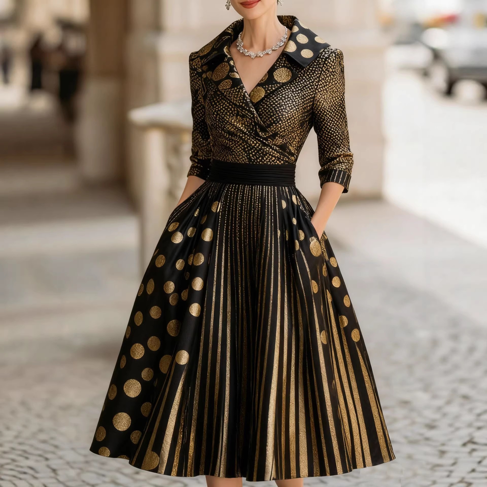 V-neck dress 3D digital printing elements fashion personality waist skirt - Image 3