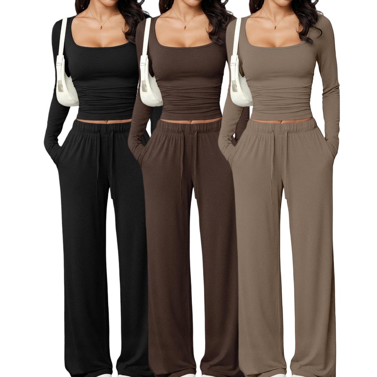 casual pants set with square-neck long-sleeve short top