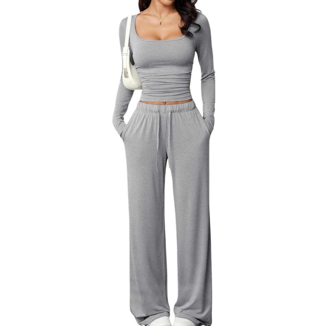 casual pants set with square-neck long-sleeve short top - Image 3