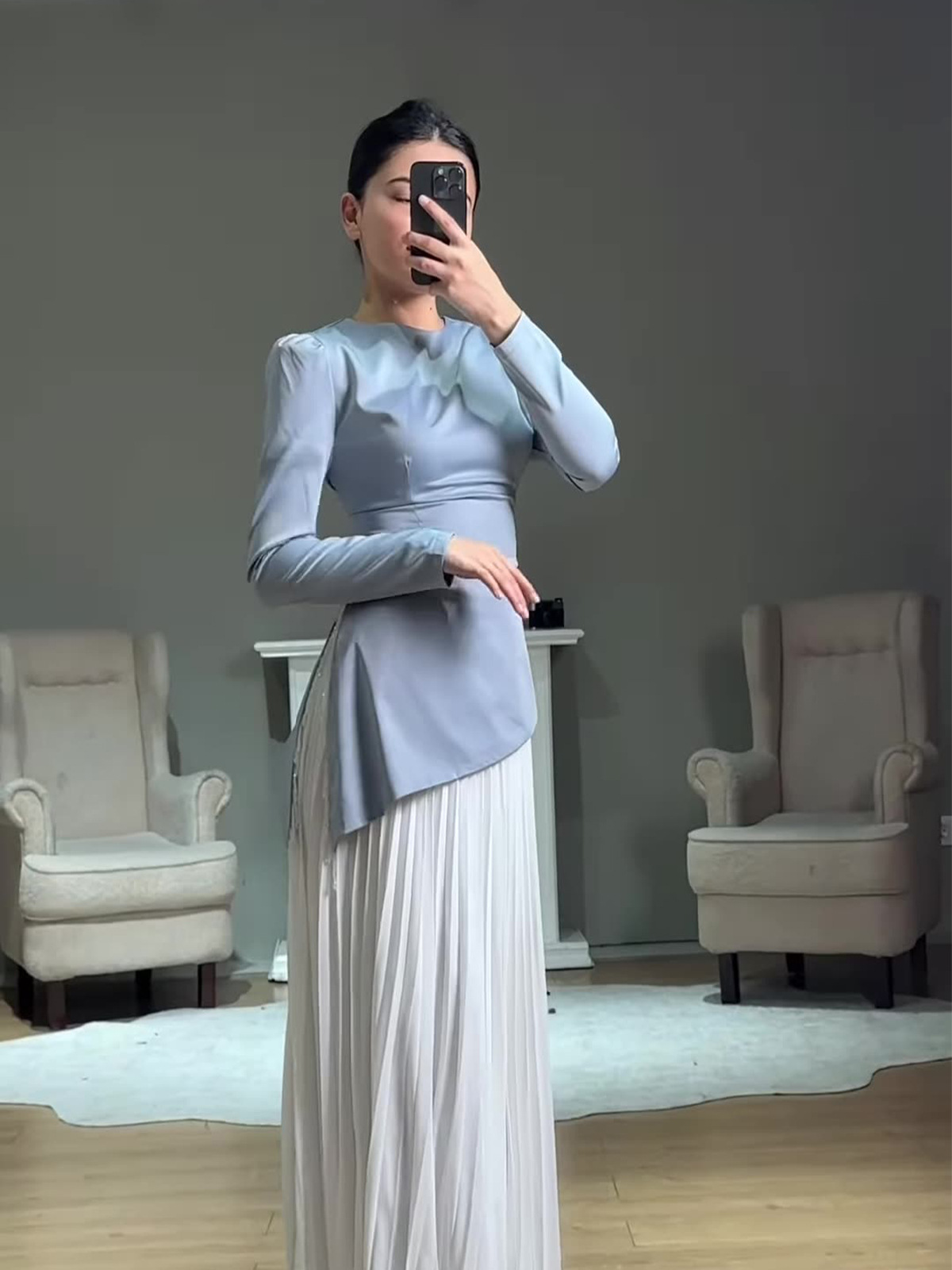 Elegant Long-Sleeve Color Block Two-Piece Dress for Women - Image 5