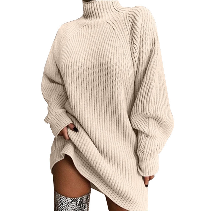 Knitted solid-color half-collared shoulder-sleeved dress - Image 5