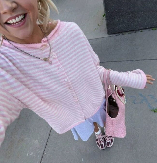 The Adele Striped Knit Button Front Long Sleeve Cardigan Detail – La Rose Couture Coats & Jackets
