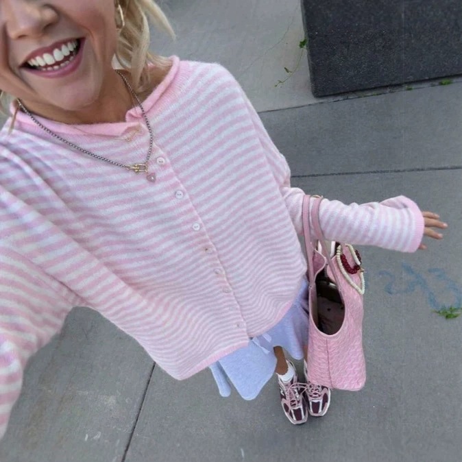 Women's Striped Knit Button-Front Long Sleeve Cardigan - Image 3