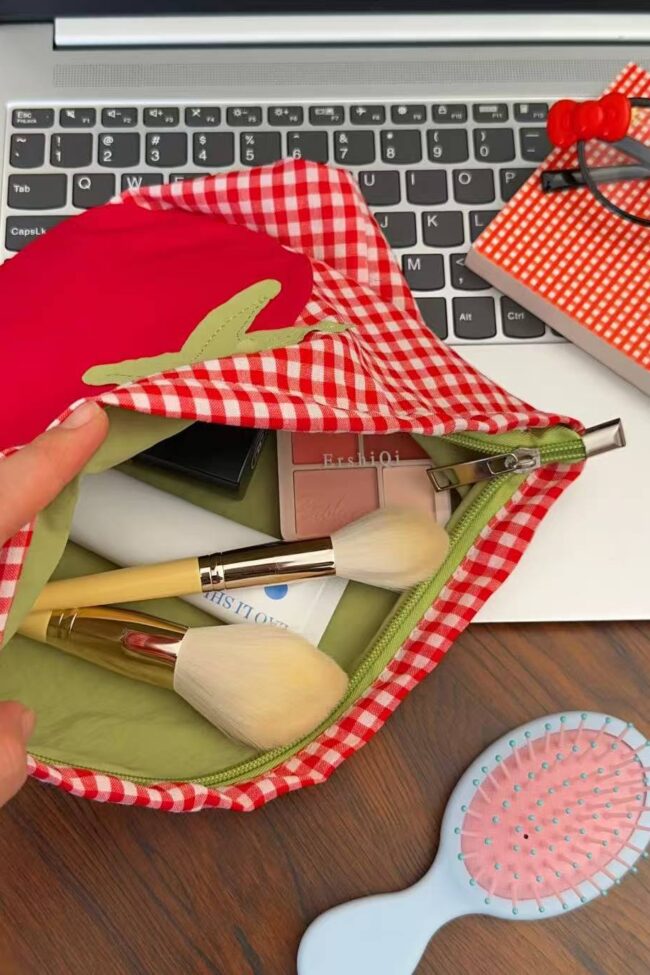 The Adrienne Cute Red Grid Tomato Cosmetic Bag Large Capacity Portable Hand Held Toiletry Detail – La Rose Couture Handbags & Clutches