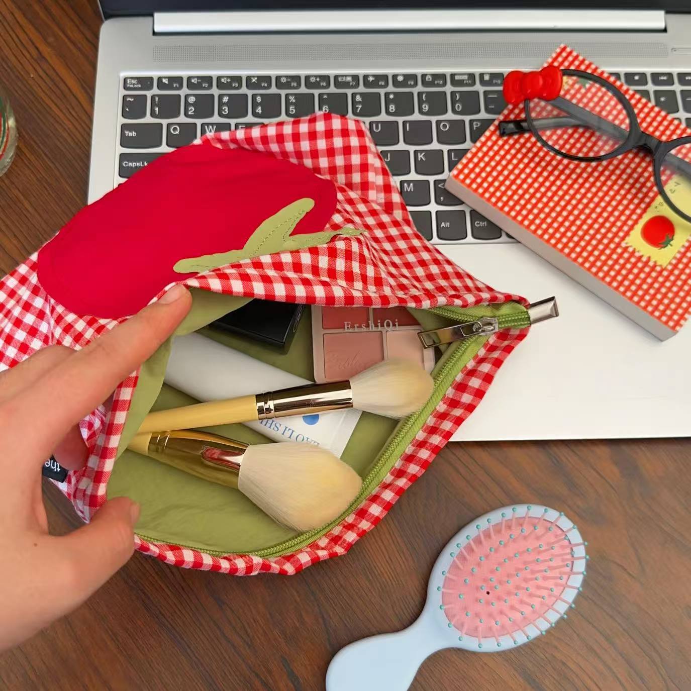 Cute Red Grid Tomato Cosmetic Bag Large Capacity Portable Hand Held Toiletry Bag - Image 2
