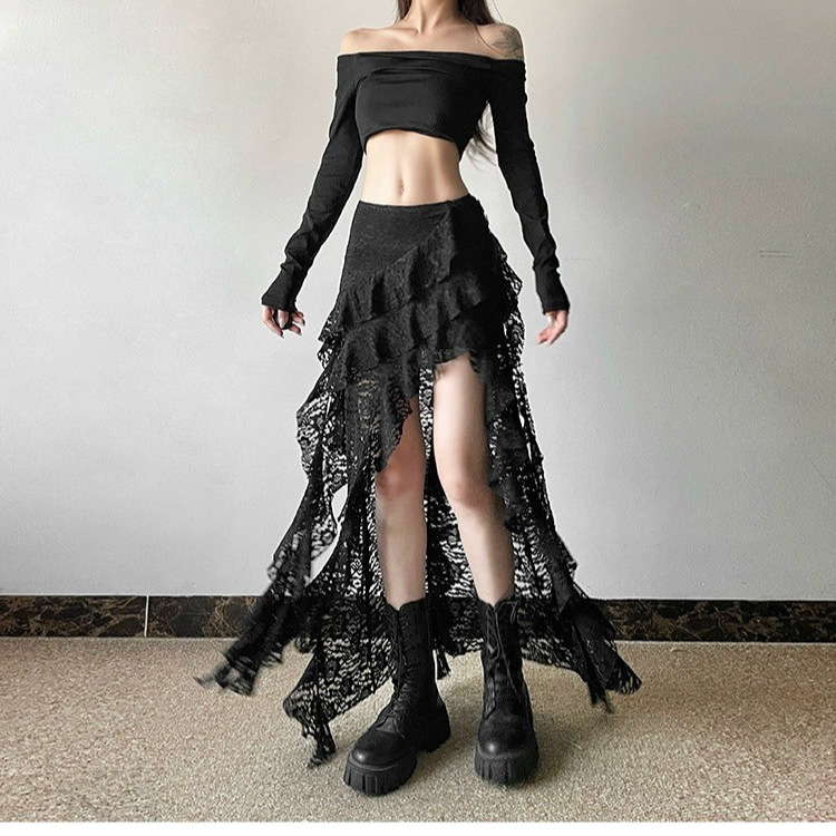 Women's Layered Mesh Overskirt with Irregular Hem and Lace Detail - Image 5