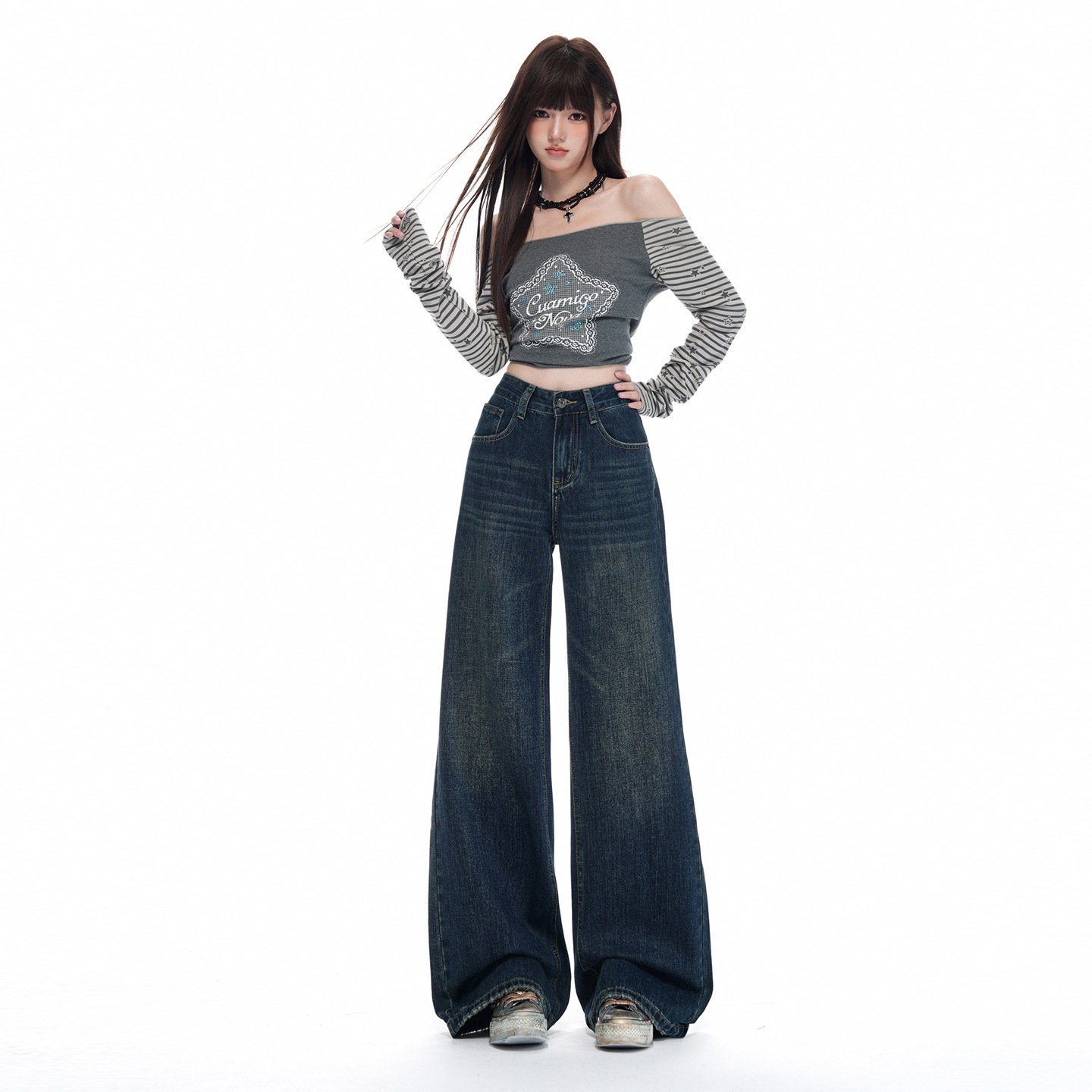 Women's High-Waisted Wide-Leg Retro Vintage Blue Denim Jeans