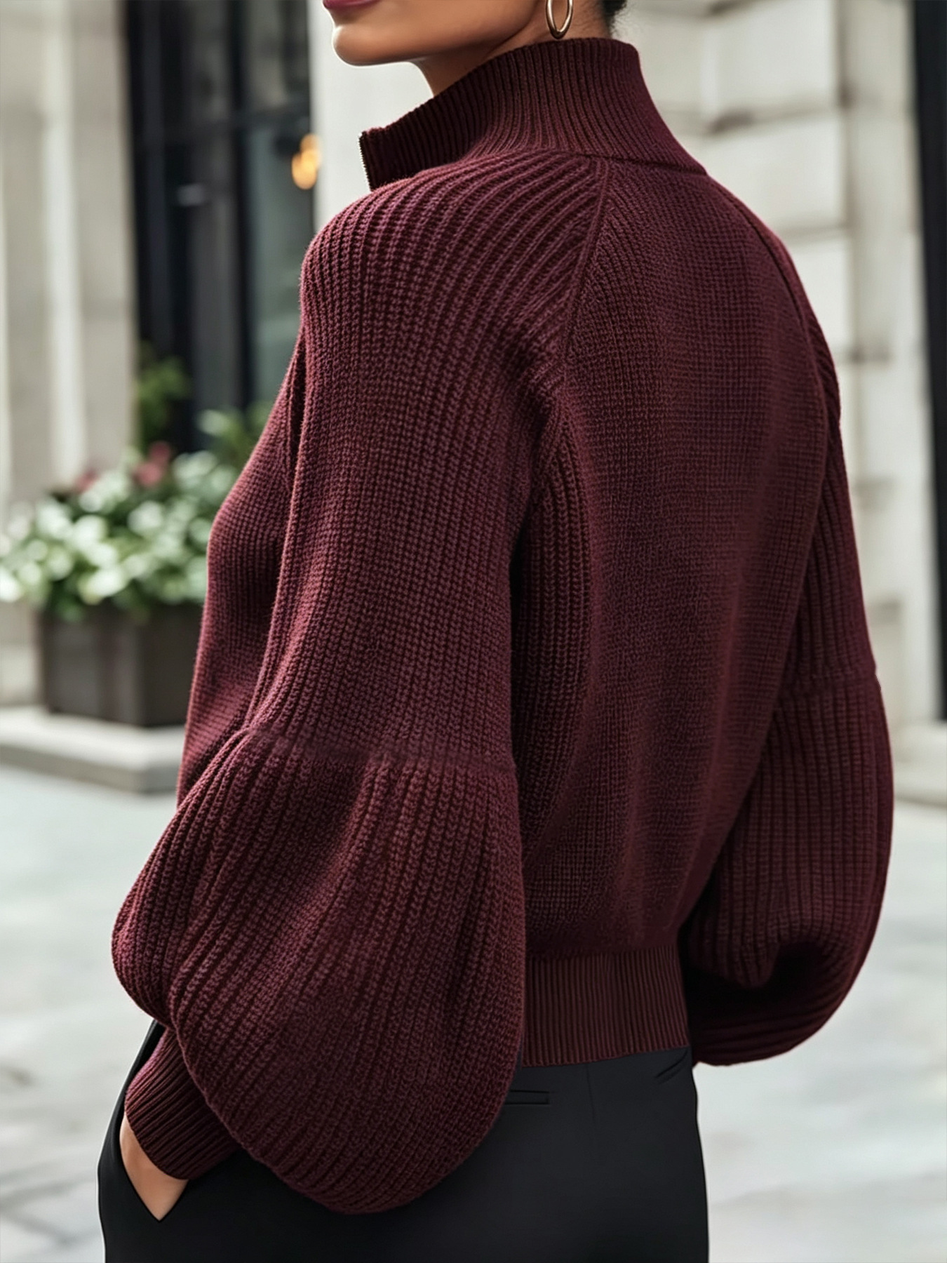 Women High Neck Knitted Cardigan with Lantern Sleeves - Image 4